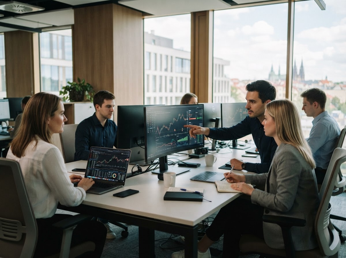 Analytici diskutující o finančních grafech na monitoru v kanceláři