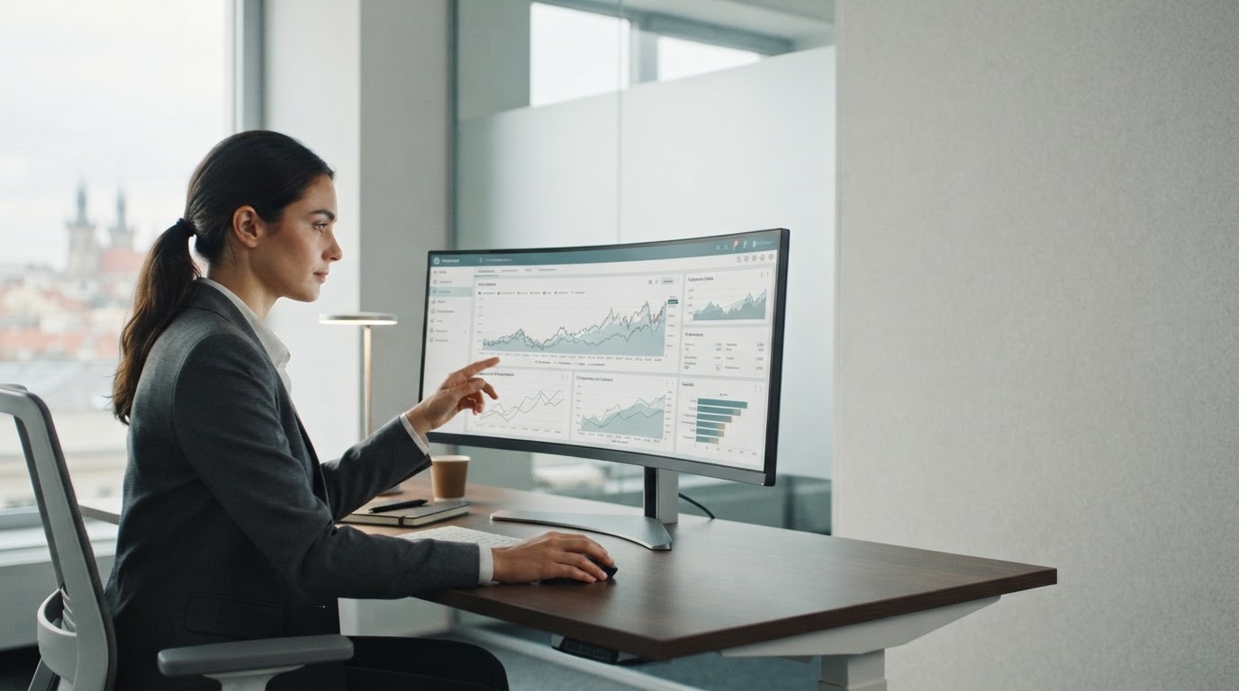 Žena v kanceláři analyzující grafy na širokoúhlém monitoru